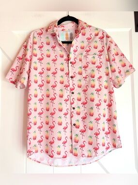 Tropical Bros Flamingo Pineapple Button Up Shirt Medium Pink